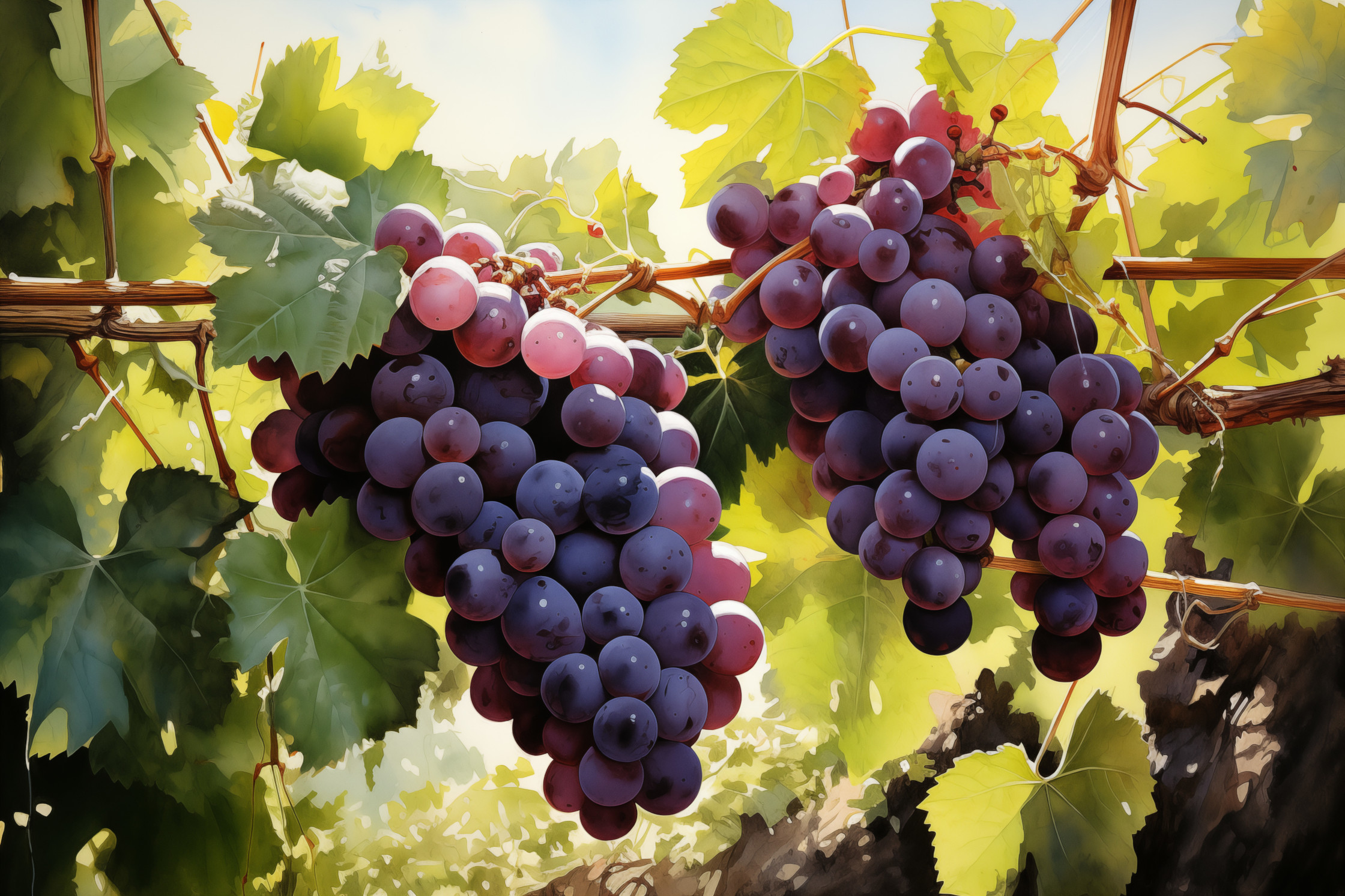 watercolor noir grape vineyard