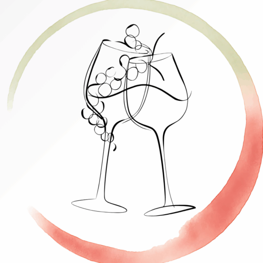 Logo wijnrelatie, klinkende glazen van zwarte lijnen getekend, met een wijnvlek wit tot rood eromheen.